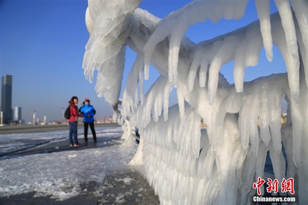 難得一見！大連海岸現冰掛奇觀：浪花結冰
