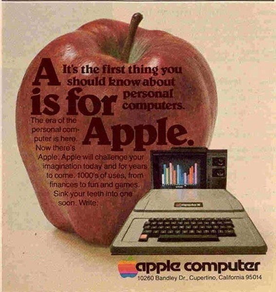 “A is for Apple。”蘋果公司意圖開啟個人電腦時代，1978年發(fā)布。