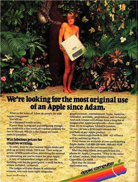 亞當抱著蘋果電腦遮擋私處。Apple II電腦廣告，1979年發(fā)布。