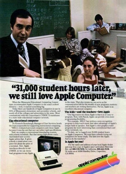 我們?nèi)匀粣厶O果電腦。面向?qū)W生群體的蘋果電腦廣告，1979年9月發(fā)布。