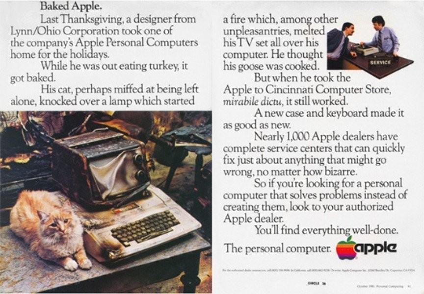 蘋果電腦燒焦了還能使用。AppleII電腦廣告，1981年發(fā)布。