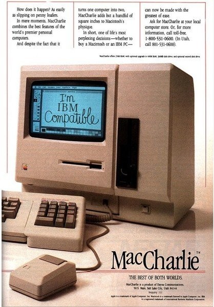 介紹蘋果電腦的MacCharlie硬件設(shè)備。蘋果電腦廣告，1986年發(fā)布。