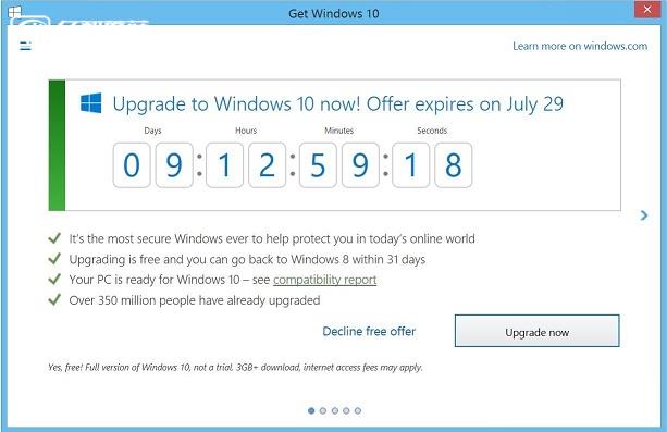 Win10免費升級倒計時 微軟提醒快升級