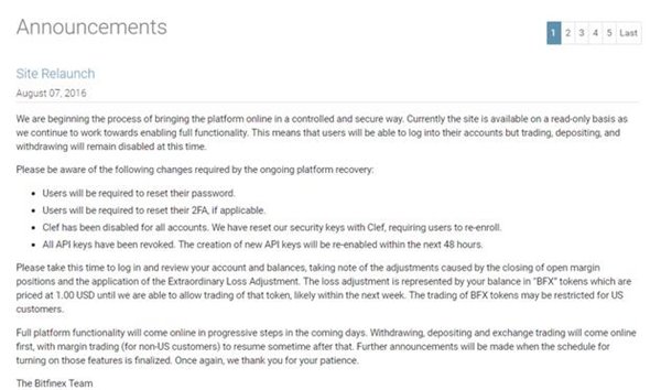 比特幣平臺Bitfinex兩日內恢復：客戶平攤7200萬美元損失