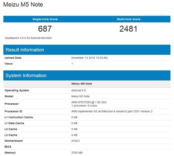 魅藍(lán)Note5現(xiàn)身Geekbench：聯(lián)發(fā)科P10<a href=/tags/86-0.html target=_blank class=infotextkey>處理器</a>+3GB運(yùn)存