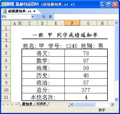 圖2 成績(jī)通知單