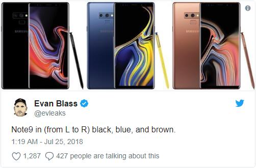 三星Galaxy Note 9三色曝光：機身與手寫筆繼續(xù)混搭