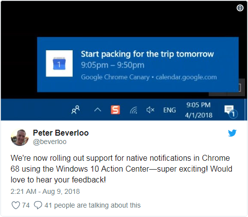 Chrome 68已支持Windows 10原生通知功能 可遵從行動中心的設置