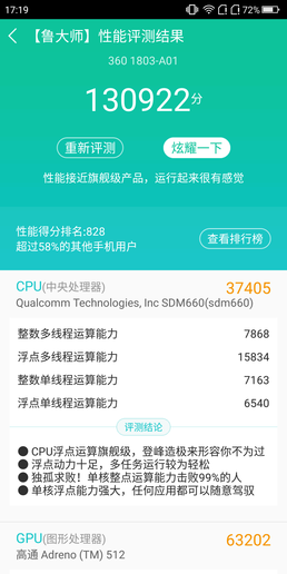360手機N7 Lite魯大師跑分